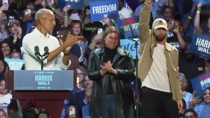 Rapper Eminem and Obama rally voters for Kamala Harris in Detroit