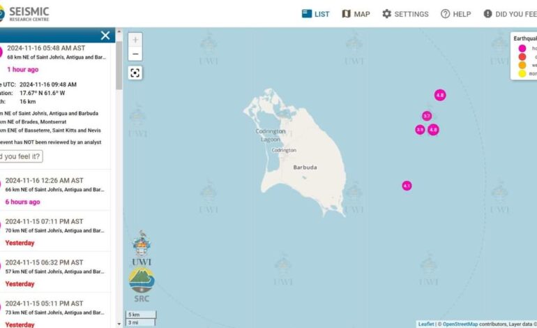 5 earthquakes recorded near Antigua and Barbuda in less than 24-hours