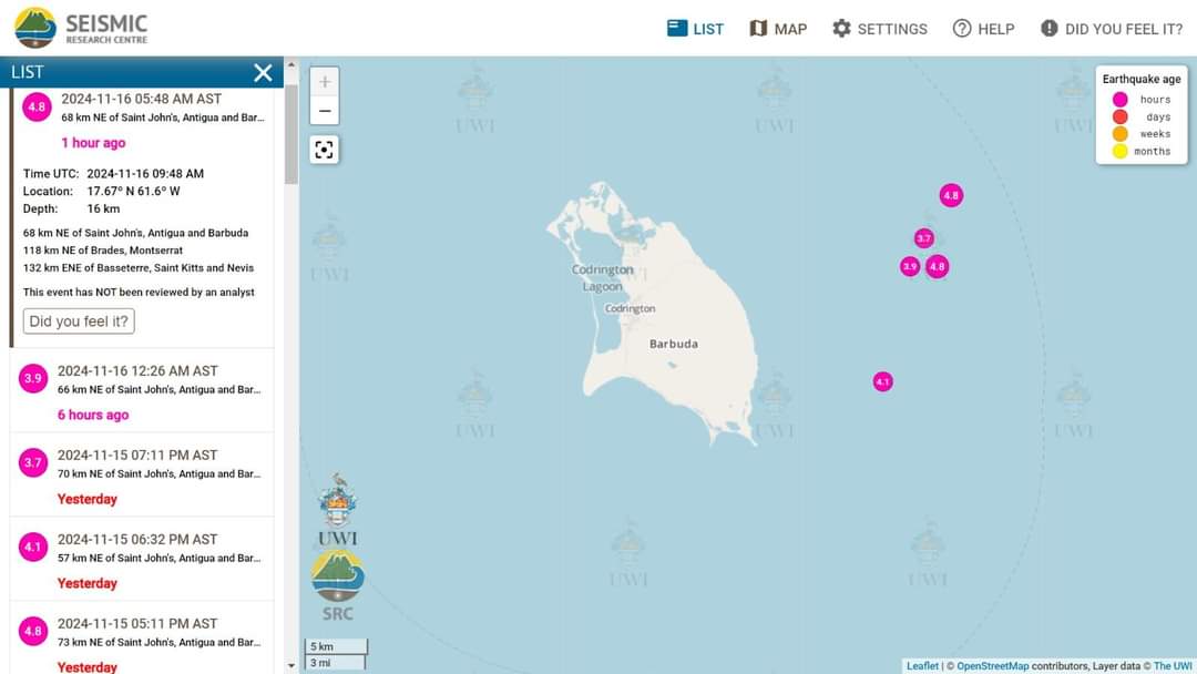 5 earthquakes recorded near Antigua and Barbuda in less than 24-hours